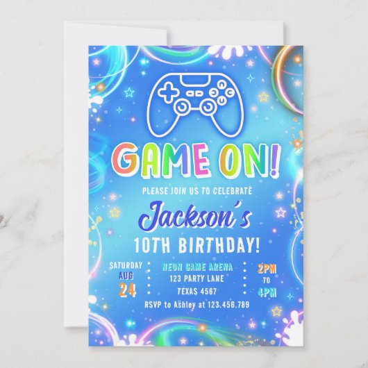 Game On Videogame Arcade VR Neon Boy Birthday 招待状 (正面)