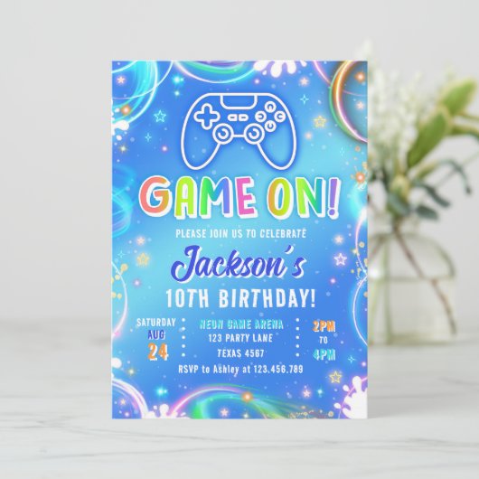 Game On Videogame Arcade VR Neon Boy Birthday 招待状 (スタンド正面)