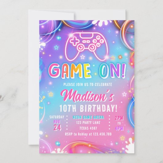 Game On Videogame Arcade VR Neon Girl Birthday 招待状 (正面)