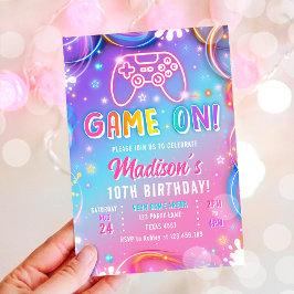 Game On Videogame Arcade VR Neon Girl Birthday 招待状