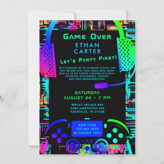 Game Over Bachelor Party Video Arcade Theme 招待状 (正面)