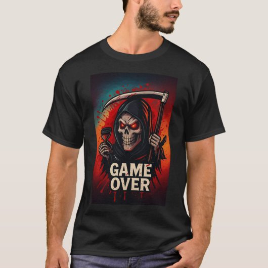 Game Over Grim Reaper Skull – Dark Horror Gaming  Tシャツ (正面)
