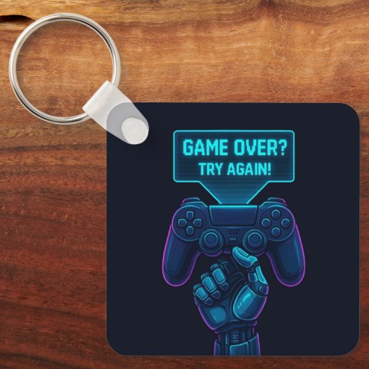 Game Over? Try Again! Futuristic Gamer Keychain キーホルダー (正面)