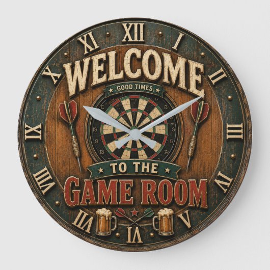 Game Room Dartboard Rustic Pub Bar Decor ラージ壁時計 (正面)