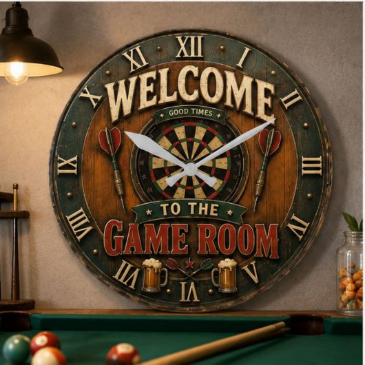 Game Room Dartboard Rustic Pub Bar Decor  ラージ壁時計