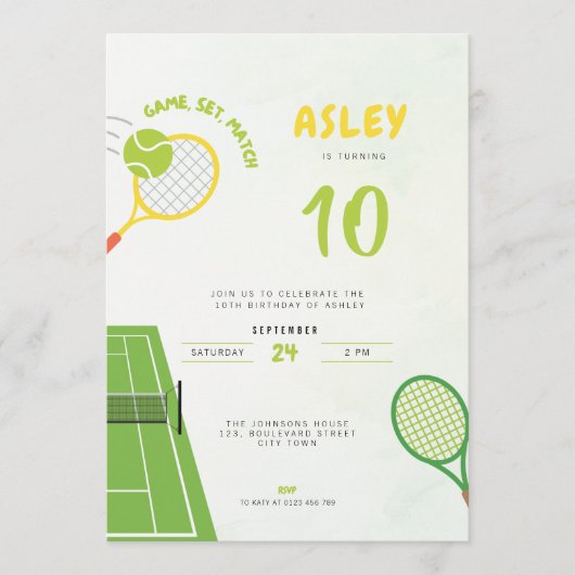 Game, Set, Match Tennis 10th Birthday 招待状 (正面)