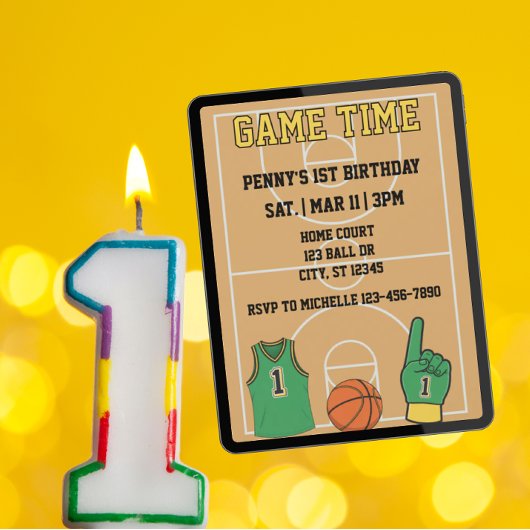 Game Time, Basketball 1st Birthday 招待状