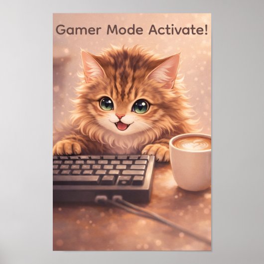 Gamer Anime Cat at Keyboard Poster ポスター (正面)