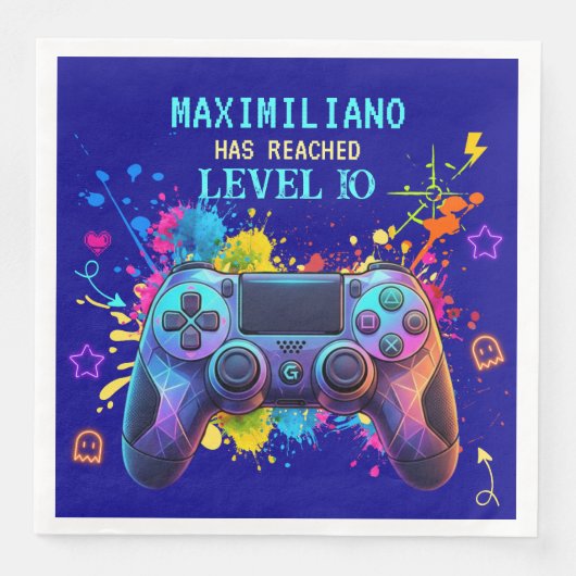 Gamer Birthday Blue Splatter Paint Video Game (正面)