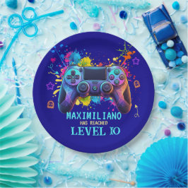 Gamer Birthday Blue Splatter Paint Video Game ペーパープレート