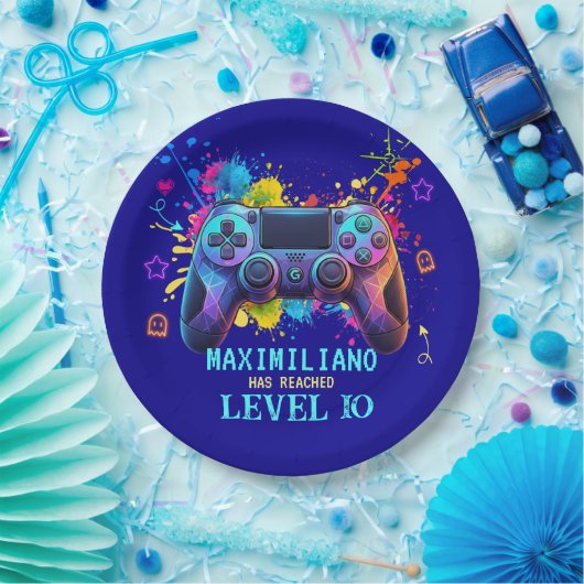 Gamer Birthday Blue Splatter Paint Video Game ペーパープレート (パーティー)