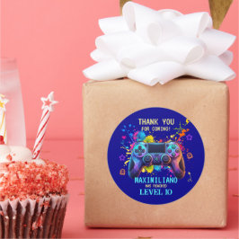 Gamer Birthday Blue Splatter Paint Video Game ラウンドシール