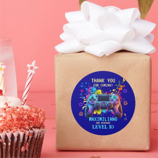 Gamer Birthday Blue Splatter Paint Video Game ラウンドシール (パーティー)