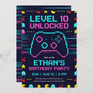 Gamer Birthday Invitation  Pixel Video Game Party 招待状