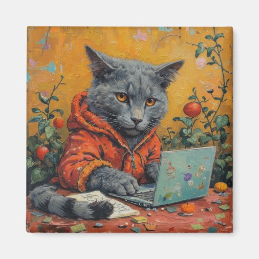 Gamer Cat at the Computer – Funny Tech Meme Square マグネット (正面)