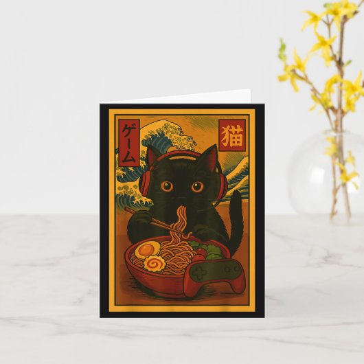 Gamer Cat Eating Ramen Japanese Style カード (黄色い花)