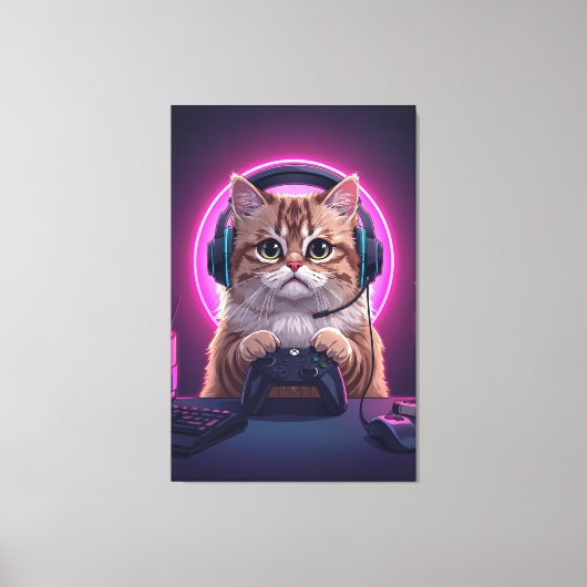 Gamer Cat Kids Canvas – Funny Cartoon Kitten キャンバスプリント (正面)