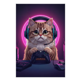 Gamer Cat Kids Poster – Funny Cartoon Kitten ポスター