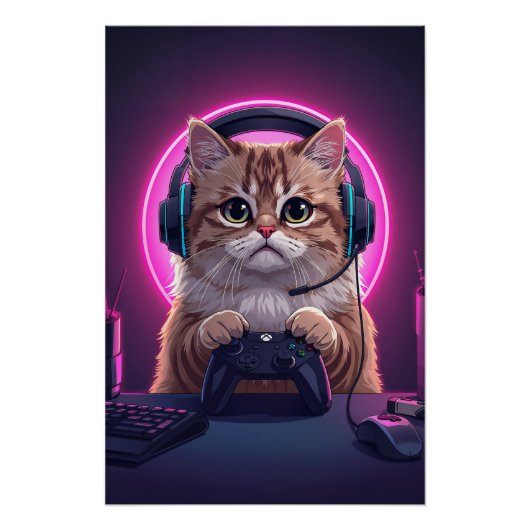 Gamer Cat Kids Poster – Funny Cartoon Kitten ポスター (正面)