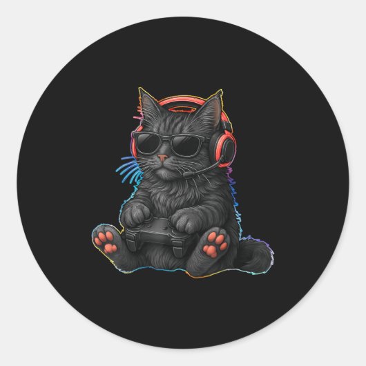 Gamer Cat Video Games Boys Teen Men Girls Funny Ga ラウンドシール (正面)