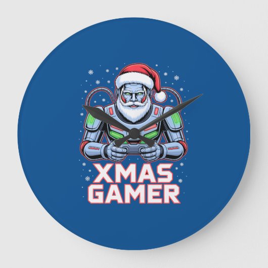 Gamer Christmas Gifts Cyber Santa Robot Xmas Gamer ラージ壁時計 (正面)