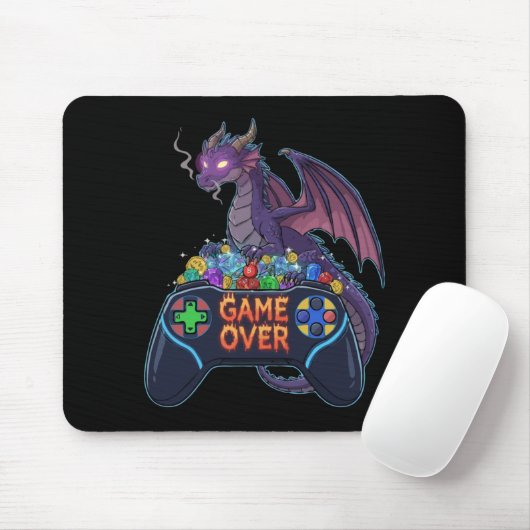 Gamer Dragon Guarding RPG Dice Hoard on "Game Over マウスパッド (マウス)