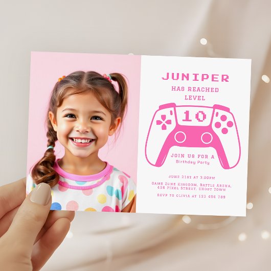 Gamer Girls Pink Kids Birthday Party Photo 招待状