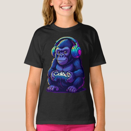 Gamer Gorilla with Headphones — Neon Gaming Vibes Tシャツ (正面)