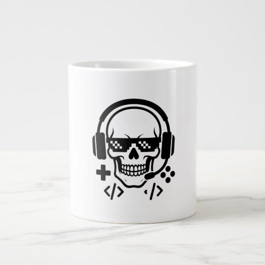 Gamer Skull Headset Pixel Glasses | Bold Black Vec ジャンボコーヒーマグカップ (正面)