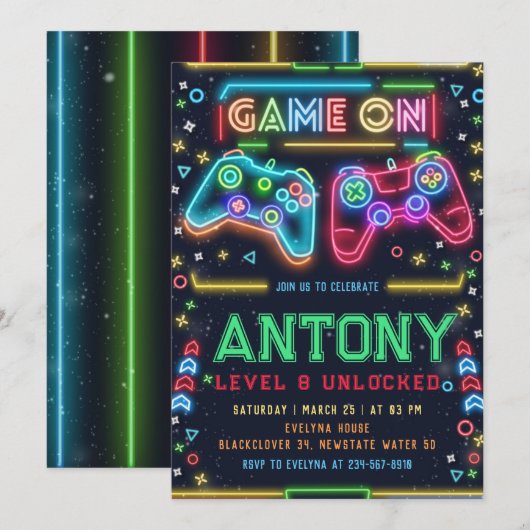 Games on glow 8th Birthday Party招待 招待状 (正面/裏面)