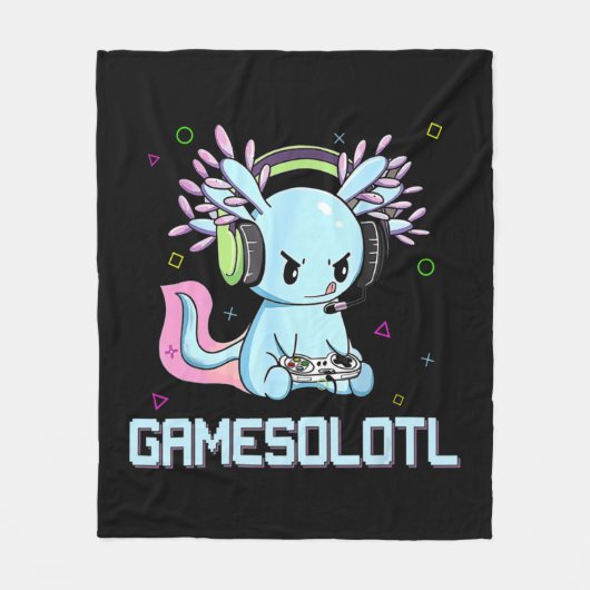 GamesolotlかわいいAxolotlビデオゲーマーかわいいアニメB フリースブランケット (正面)