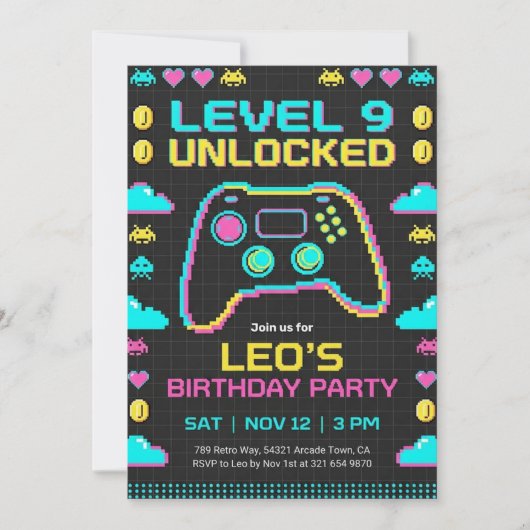 Gaming Birthday Invitation Retro Pixel Gamer 招待状 (正面)