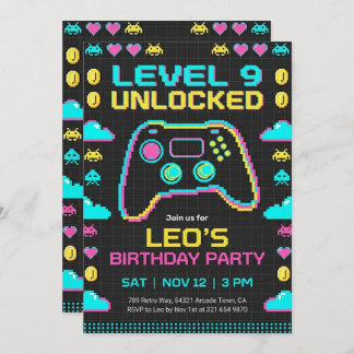 Gaming Birthday Invitation Retro Pixel Gamer 招待状