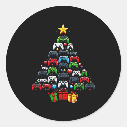 Gaming Controllers Christmas Tree Funny Gamer Boys ラウンドシール (正面)