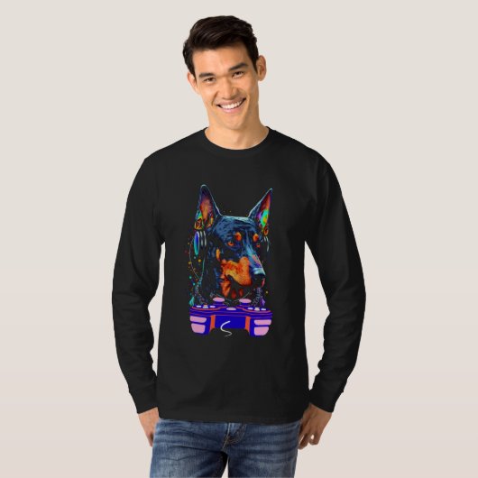 Gaming Doberman Pinscher Dog Player Video Gamer M Tシャツ (正面フル)