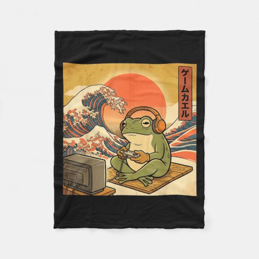 Gaming Frog Art Ukiyo-e Japanese Gamer Anime Men W フリースブランケット (正面)