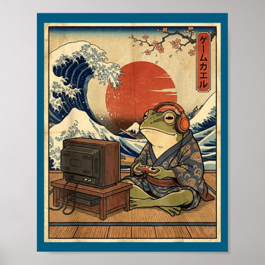 Gaming Frog Art Ukiyo-e Japanese Gamer Anime Men W ポスター (正面)
