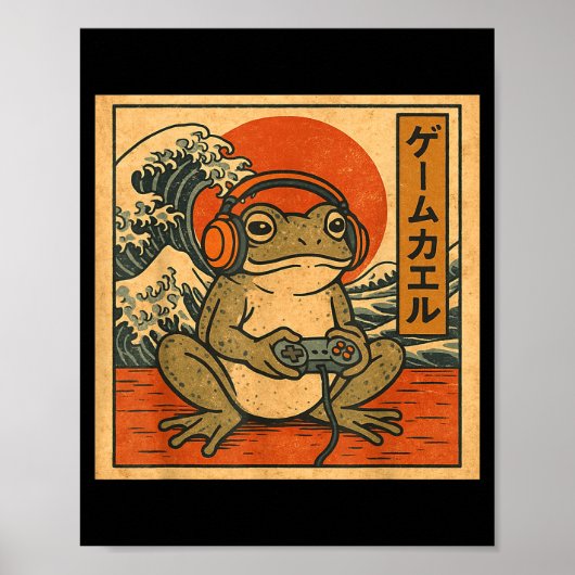 Gaming Frog Art Ukiyo-e Japanese Gamer Anime Men W ポスター (正面)