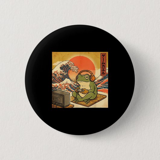 Gaming Frog Art Ukiyo-e Japanese Gamer Anime Men W 缶バッジ (正面)