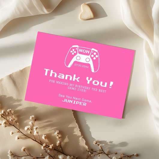 Gaming Girls Hot Pink Kids Birthday Party サンキューカード