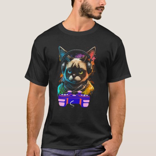 Gaming Snowshoe Cat Player Animal Video Gamer Men Tシャツ (正面)