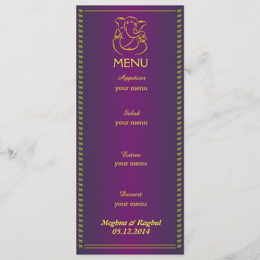 Ganeshエレガントな|のインドの結婚式紫色メニューカード メニュー (正面)