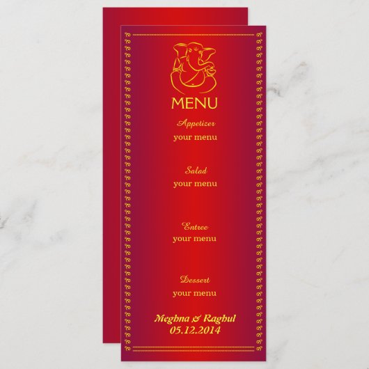 Ganeshエレガントな|のインドの結婚式赤いメニューカード メニュー (正面/裏面)