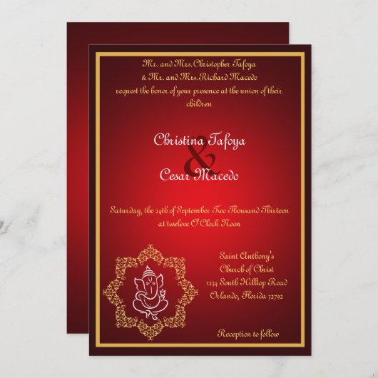 Ganeshaかヒンズー教の赤いSpi 5x7結婚式招待状の主 招待状 (正面/裏面)