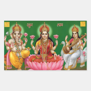 Ganesha、Lakshmi、及びSaraswatiのステッカー 長方形シール