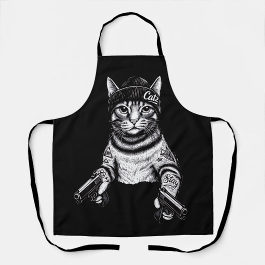 Gangster Cat Tattoo Art | Cool Streetwear Kitty エプロン (正面)