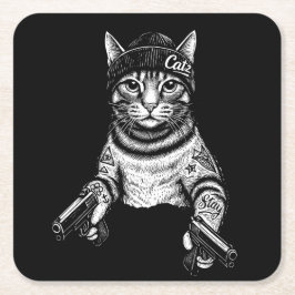 Gangster Cat Tattoo Art | Cool Streetwear Kitty スクエアペーパーコースター