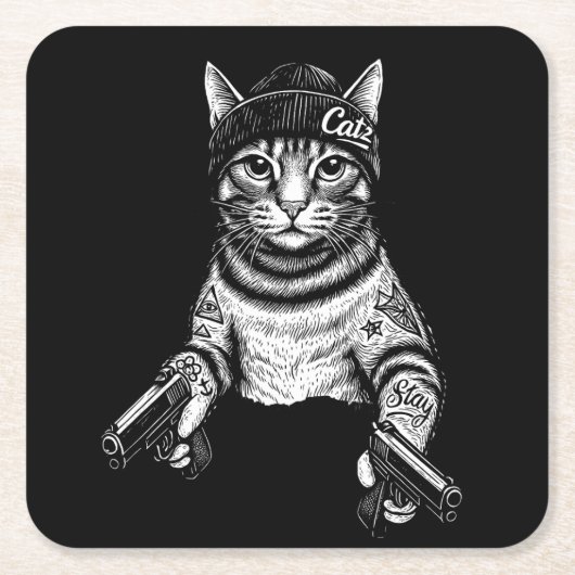 Gangster Cat Tattoo Art | Cool Streetwear Kitty スクエアペーパーコースター (正面)