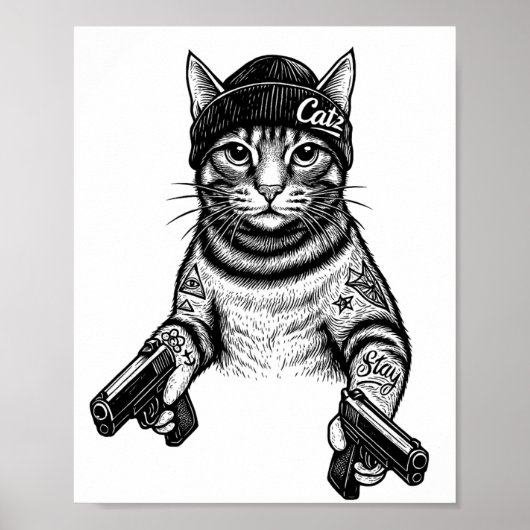 Gangster Cat Tattoo Art | Cool Streetwear Kitty ポスター (正面)