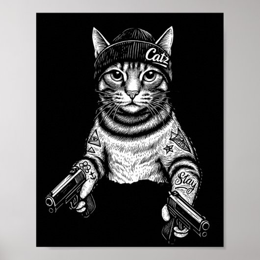 Gangster Cat Tattoo Art | Cool Streetwear Kitty ポスター (正面)